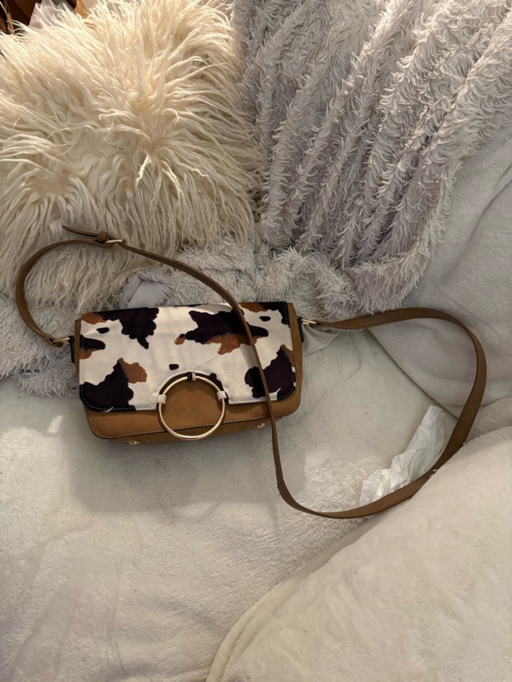 Cato Cowhide-Print Tan Crossbody with Gold Ring